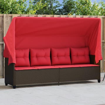 vidaXL Ligbed met luifel en kussens poly rattan bruin, Verzenden