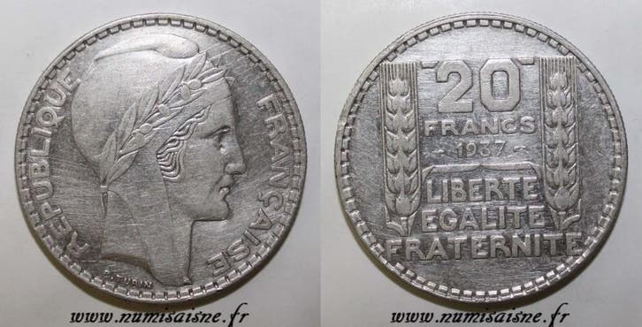 France Frankreich Km 879 20 Francs 1937 Typ Turin, Postzegels en Munten, Munten | Europa | Niet-Euromunten, België, Verzenden