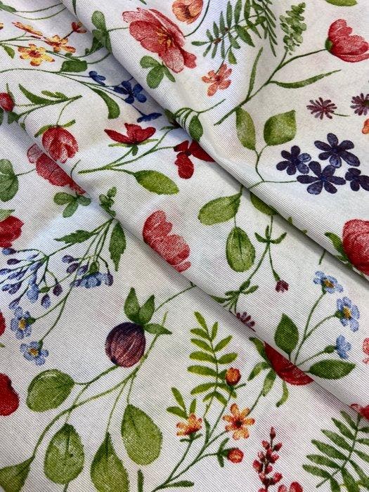 Elegante en delicate stof met veldbloemenmotief in dubbele, Antiek en Kunst, Antiek | Tapijten, Tafelkleden en Textiel