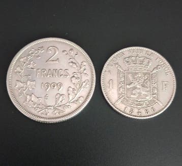 Belgique. Leopold II - 2 francs 1909 - 1 franc 1886 - Zilver