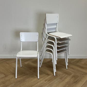Complete set van 6 stuks kantinestoel/eetkamerstoel,  wit, Gebruikt, Wit, Hout, Vijf, Zes of meer stoelen