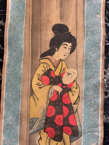 Japanse kakejiku – Bijin-ga met kind of pop – 19e eeuw, late