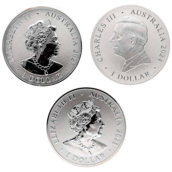 Australië. 1 Dollar 2021/2024 - Animals 1 Oz (3 stuks), Postzegels en Munten, Munten | Europa | Niet-Euromunten