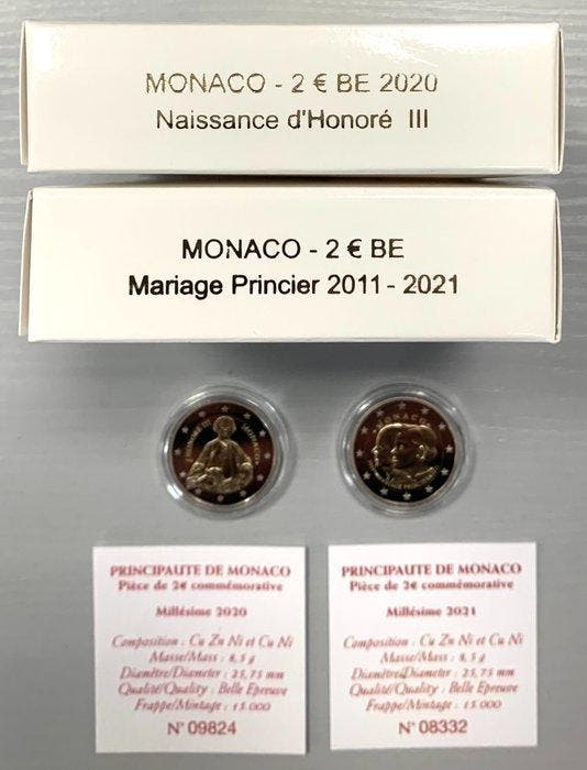 Monaco. 2 Euro 2020/2021 Honoré III + 10 Ans Mariage, Postzegels en Munten, Munten | Europa | Niet-Euromunten