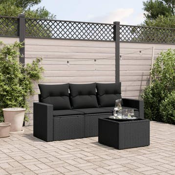 vidaXL 4-delige Loungeset met kussens poly rattan zwart, Verzenden, Nieuw, Loungeset