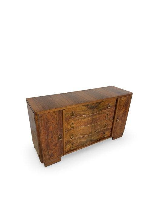 Credenza - Wortelnotenhout, Walnoot, Hout, Messing, Antiek en Kunst, Kunst | Designobjecten
