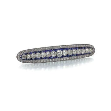 Broche Platina - Art Deco saffier- en diamantbarbroche,