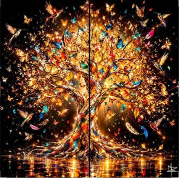 PLM-Art - Dipt Arbre de vie aux oiseaux XXL, Antiek en Kunst
