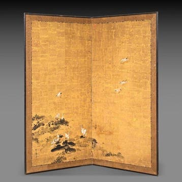 Paravent pliant avec des grues sur feuille dor. - Papier,