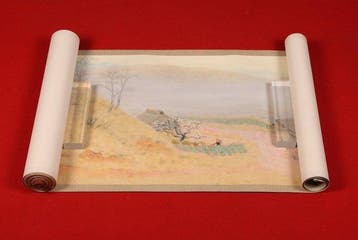 Zeer fijne handscroll met dorpsgezichten, gesigneerd -