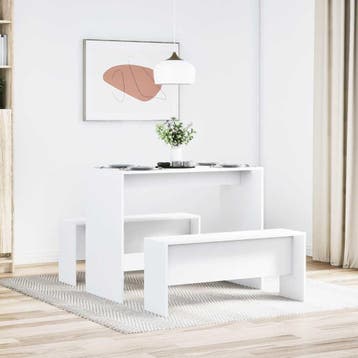 vidaXL 3-delige Eettafel en bankenset bewerkt hout wit, Verzenden