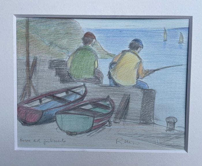 Roberto Masi (1940-2011) - Pesca dal porticciolo, Antiquités & Art, Art | Peinture | Moderne