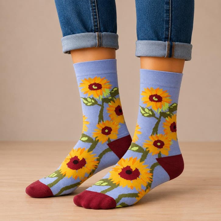 Sokken - Zonnebloemen Print - Blauw Geel Groen Rood - Katoen, Kleding | Dames, Sokken en Kousen