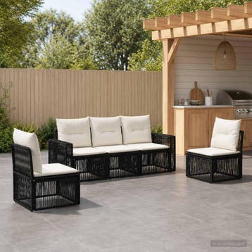 vidaXL Tuinbank Set 5 st Zwart en Crème Wit poly rattan, Verzenden, Nieuw