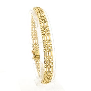 Gouden fantasie schakelarmband, Handtassen en Accessoires, Armbanden, Ophalen of Verzenden, Gebruikt, Goud, Goud