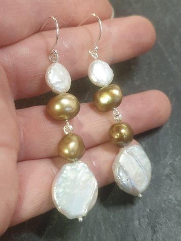Zilver, 925, witte natuurlijke muntparels, gouden parels -