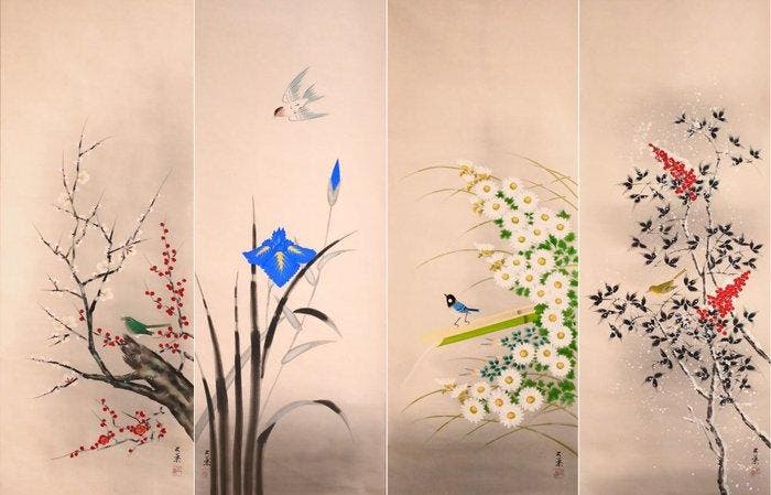 Bloemen en Vogels van de Vier Seizoenen -, Antiek en Kunst, Antiek | Overige Antiek