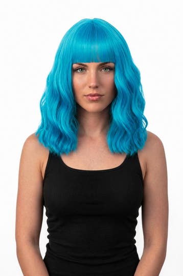 KIMU® Luxe Oceaanblauw Pruik Schouderlengte Rechte Pony Krul, Ophalen of Verzenden, Nieuw