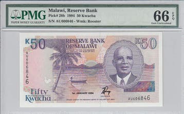 1994 Malawi 50 Kwacha Pick 28b Pmg Gem Unc 66 Epq, Verzenden
