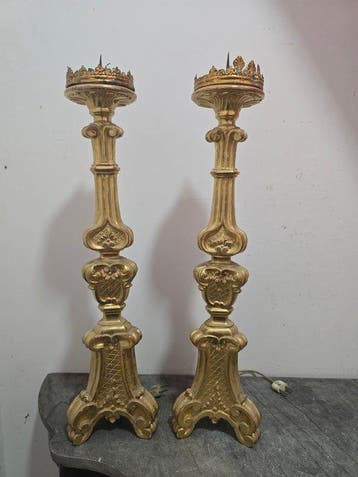 sculptuur, Coppia di Candelieri in legno dorato depoca - 65