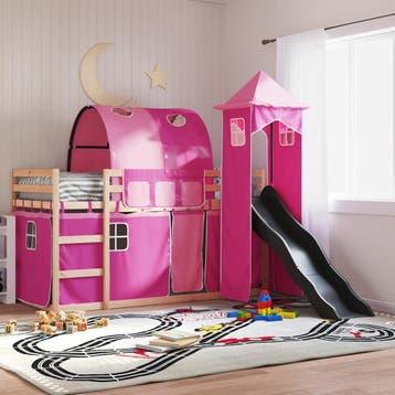 vidaXL Stapelbed met glijbaan en gordijnen roze 80x200 cm, Verzenden