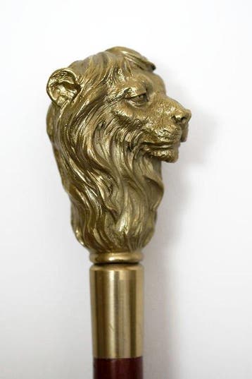 Canne de marche - Bronze, Bois - tête de lion, Antiquités & Art