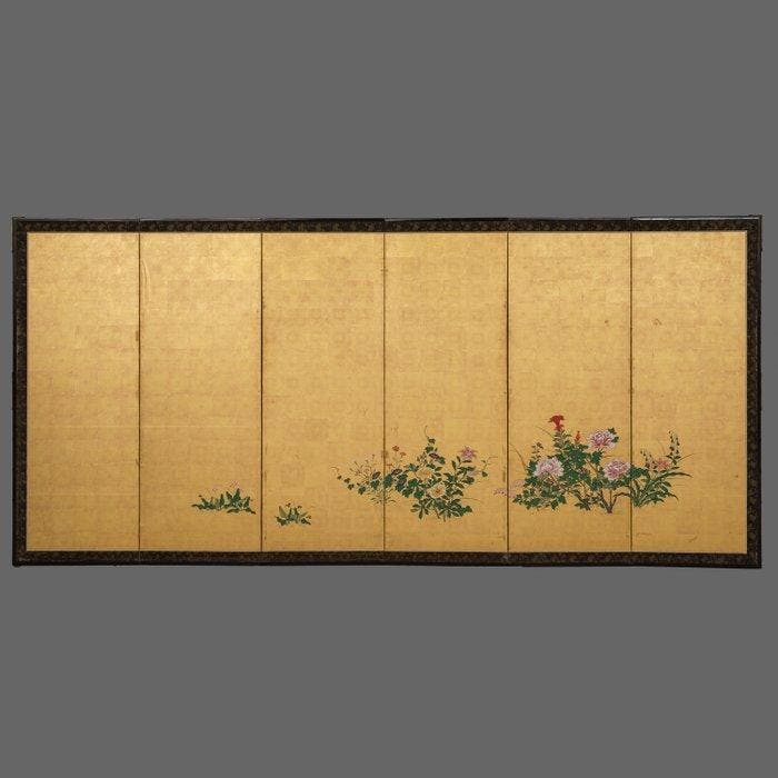 Breed Japans antiek scherm met tuinlandschap - Goudkleurige, Antiek en Kunst, Antiek | Overige Antiek