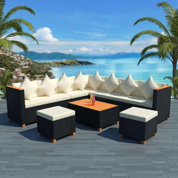 vidaXL 7-delige Loungeset met kussens poly rattan zwart, Jardin & Terrasse, Verzenden, Loungeset