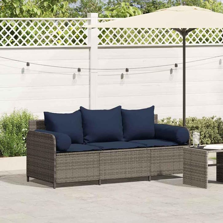 vidaXL Tuinbank 3-zits met kussens poly rattan grijs, Tuin en Terras, Tuinsets en Loungesets, Nieuw, Verzenden