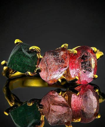 Multi Tourmaline Ring - 925 Sterling Zilver Goudverguld -, Verzamelen