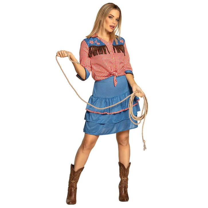 Cowgirl Kostuum Rood Blauw Dames, Kleding | Dames, Carnavalskleding en Feestkleding, Nieuw, Verzenden