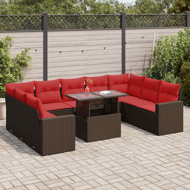 vidaXL 10-delige tuinbankset met kussens, bruin polyrotan en, Jardin & Terrasse, Ensembles de jardin, Envoi