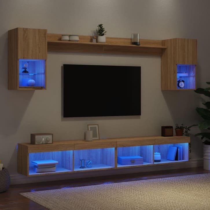 vidaXL 6-delige Tv-wandmeubelset met LED bewerkt hout sonoma, Maison & Meubles, Armoires | Mobilier de télévision, Envoi