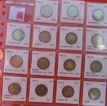 Malte. 2 Euro 2008/2017 (15 coins) (Sans prix de réserve)