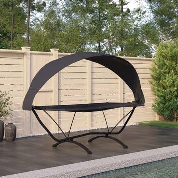 vidaXL Loungebed met luifel staal en oxford stof zwart, Jardin & Terrasse, Chaises longues, Verzenden