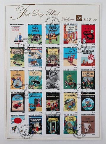 Hergé - 1 Vel met 25 frankeerde postzegels, Eerste Dag -