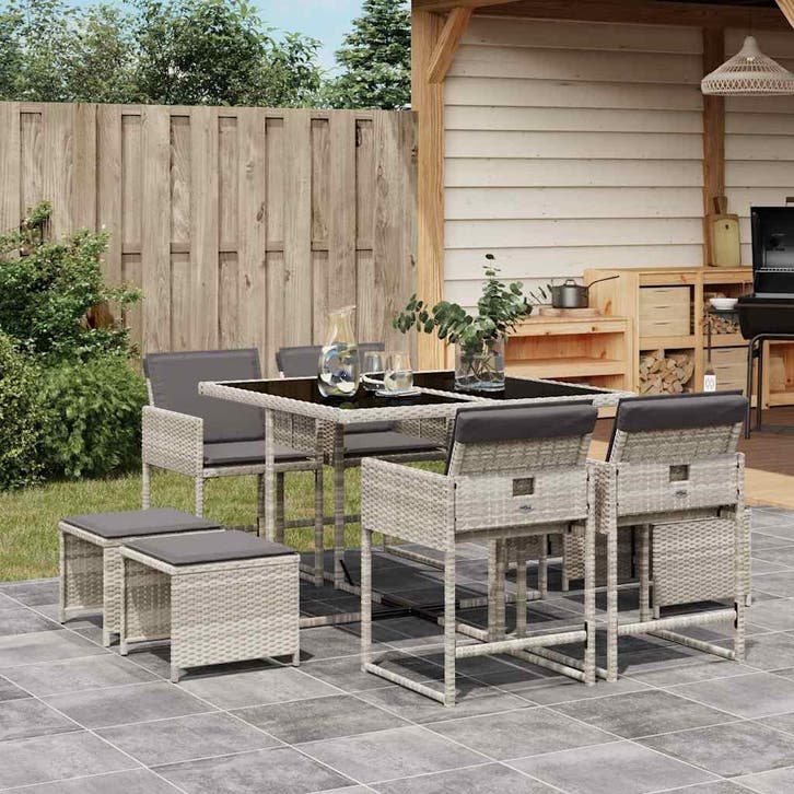 vidaXL 9-delige Tuinset met kussens poly rattan lichtgrijs, Tuin en Terras, Tuinsets en Loungesets, Tuinset, Nieuw, Verzenden