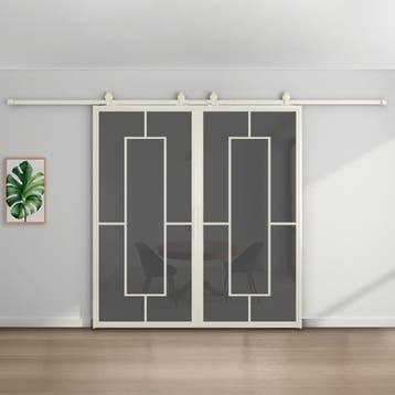 Dubbele stalen schuifdeur - Wit - 5 Vlaks - Rook glas, 75 tot 150 cm, Nieuw, 150 tot 225 cm, Metaal