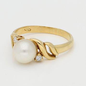 Bague - 18 carats Or jaune Perle - Diamant