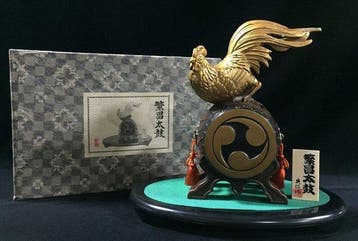Vintage Japanese Bronze Rooster on Drum Figurine - Hanjo