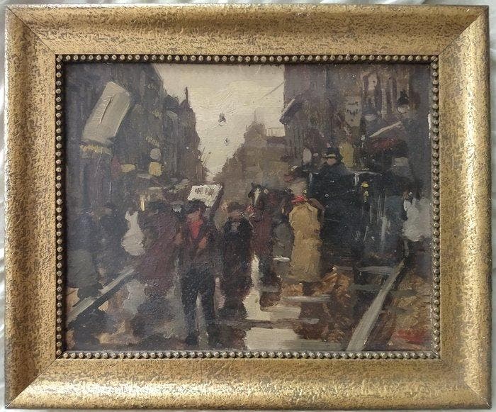 Cor Noltee (1903-1967) - Regenachtig stadsgezicht met vele, Antiek en Kunst, Kunst | Schilderijen | Klassiek
