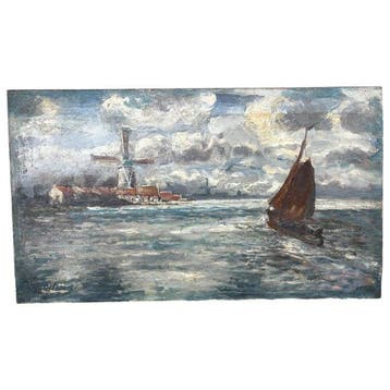 Willem Delsaux (1862-1945) - Marina con mulino a vento e, Antiek en Kunst