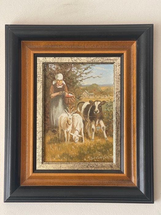 Ludwig Schöngarth (1937-2003) - Boerin met koe en geiten, Antiek en Kunst, Kunst | Schilderijen | Klassiek