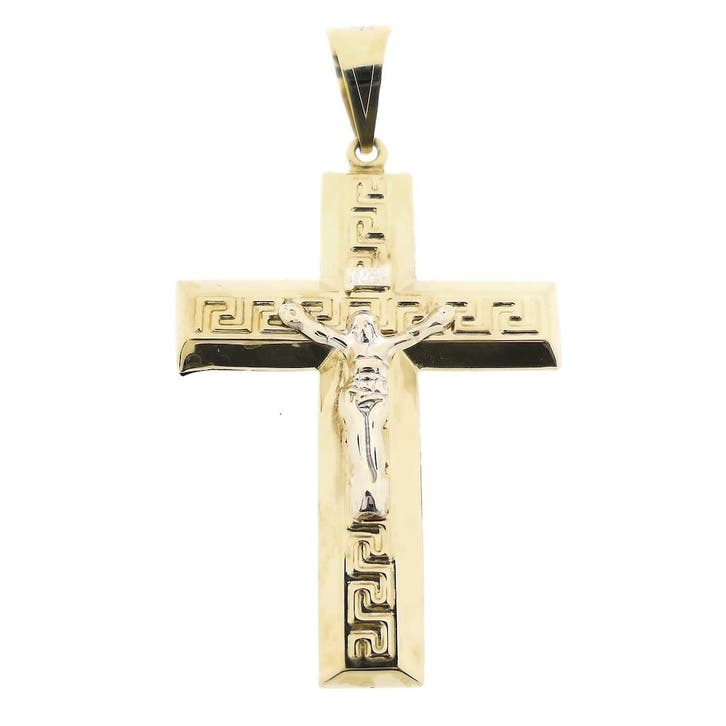 Bicolor gouden hanger van een groot kruis met corpus INRI., Bijoux, Sacs & Beauté, Bracelets à breloques, Enlèvement ou Envoi