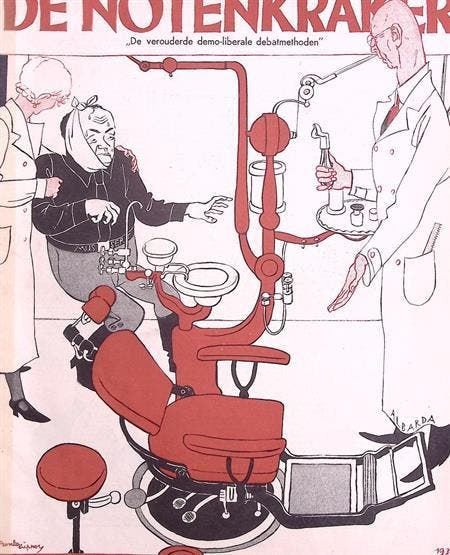 Anton Mussert bij de tandarts op spotprent (lijst optie), Antiquités & Art, Art | Lithographies & Sérigraphies, Envoi