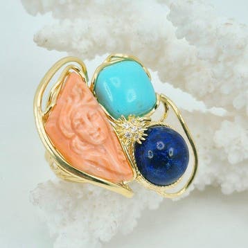 Corail - Argent, Plaqué or - Bague - Turquoise, corail rose