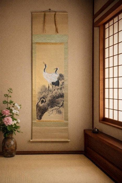 Japanse hangende rol Twee kraanvogels onder een dennenboom, Antiek en Kunst, Antiek | Overige Antiek