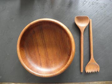 Vintage - Plateau (3) - Teck - Salade Bol et Couverts, Antiek en Kunst, Antiek | Keukengerei