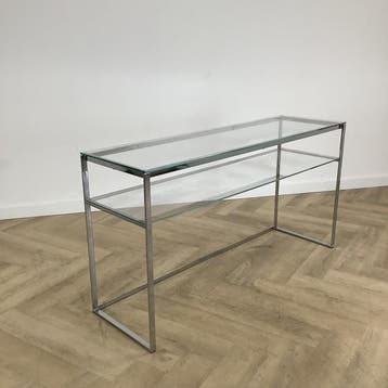 Glazen design sidetable, (hxbxd) 79x148x44 cm, glas - chroom, Gebruikt