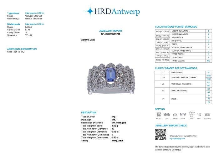 Ring - 14 karaat Witgoud - 0.96ct. tw. Tanzaniet - Diamant -, Handtassen en Accessoires, Ringen
